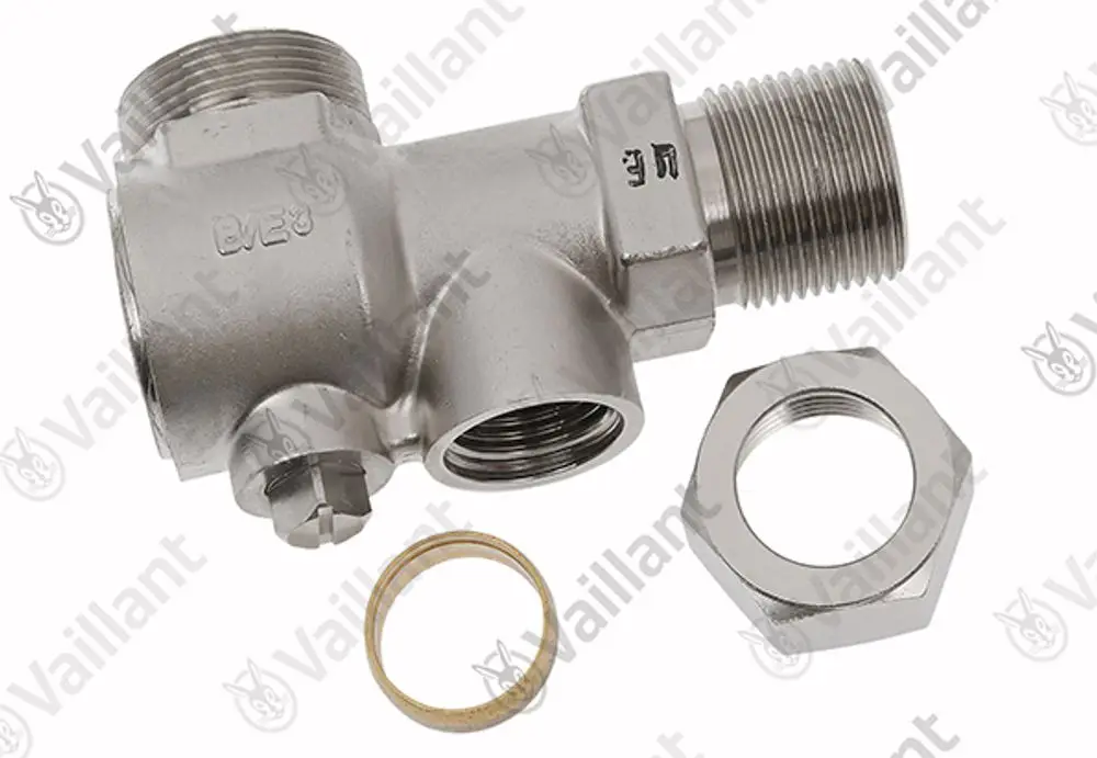 Vaillant Wartungshahn aus Metall, mit zwei Anschlussgewinden und einer Dichtung. Lieferumfang umfasst einen Sechskant und eine Verbindungsmutter.